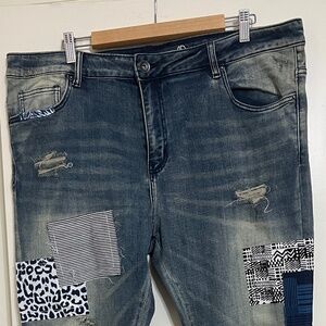 NWOT Crysp Denim Jeans Men's 40x33**  Blue Patchwork Skinny Stretch Distressed